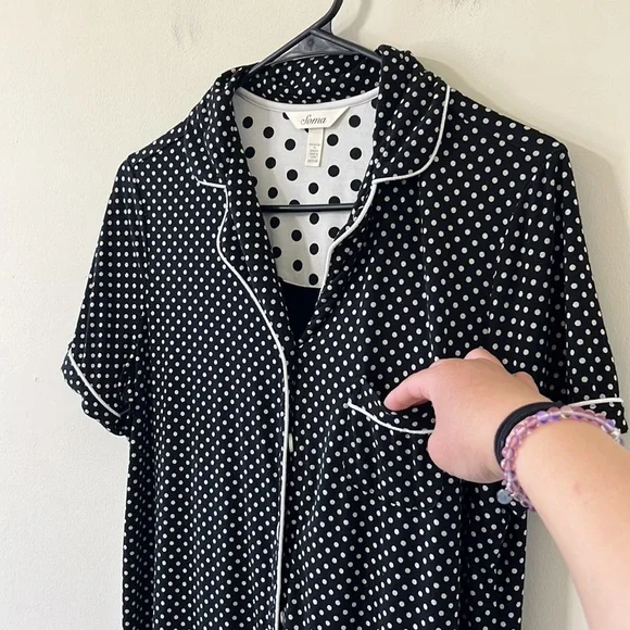 Soma Cool Nights Black White Polka Dot Short Sleeve Button Down Pajama Top Sz M - Picture 6 of 9
